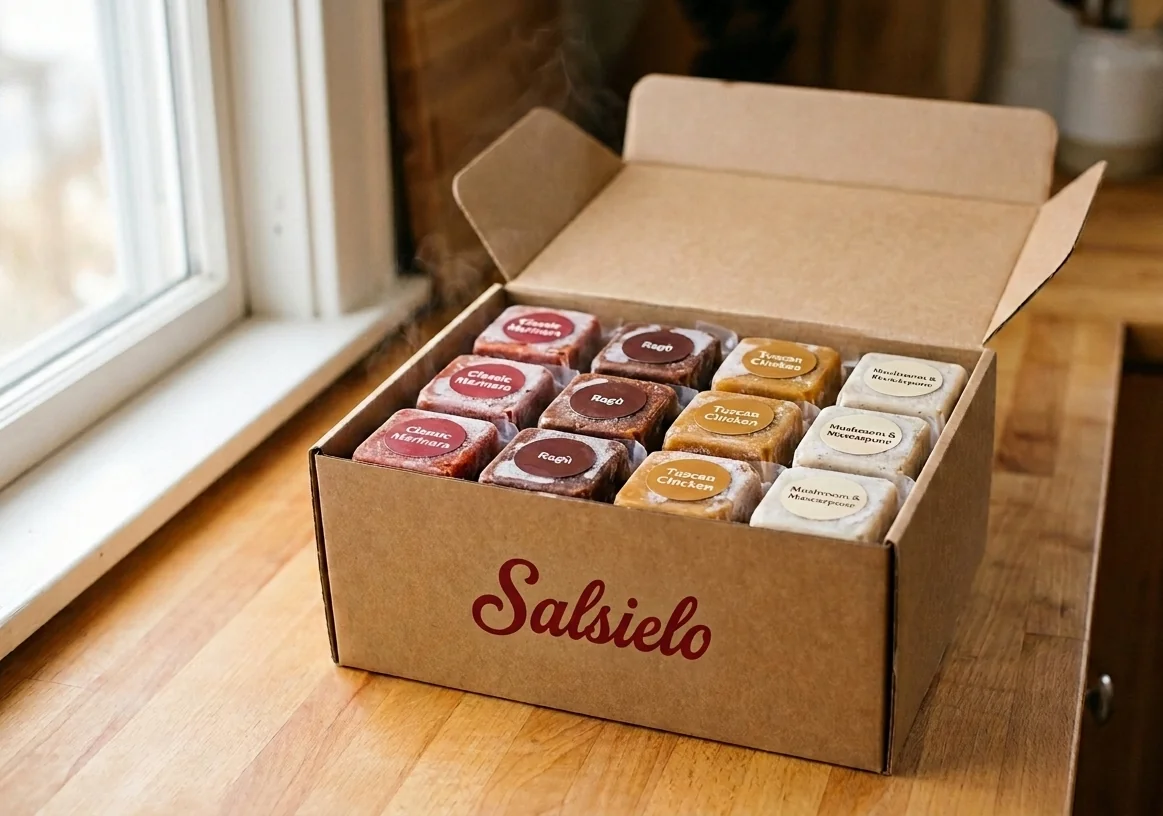 Caja Salsielo abierta con porciones de salsa congelada